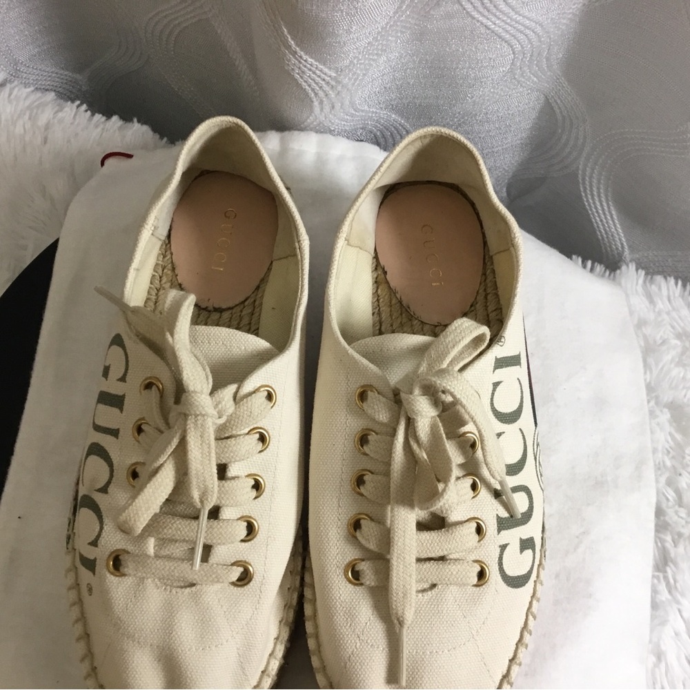 Gucci Cream Canvas Platform Espadrille Sneakers with Web Stripe - Picture 3 of 15